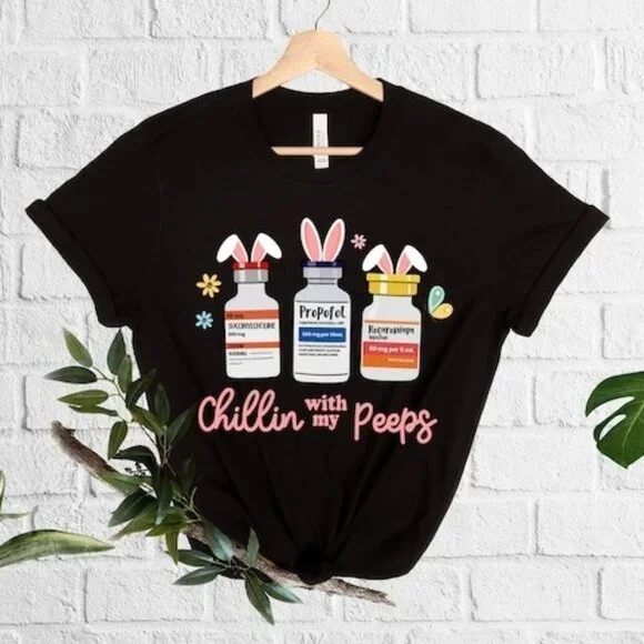 Chilling With My Peeps Easter Nurse Graphic Tee Cute Holiday Family Gift Shirt - Picture 1 of 5